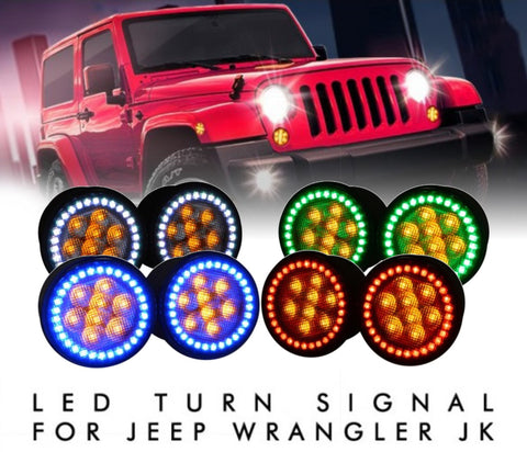 Jeep JK LED Turn Signal Assembly - V.3 Fusion Color Change Halos Installed